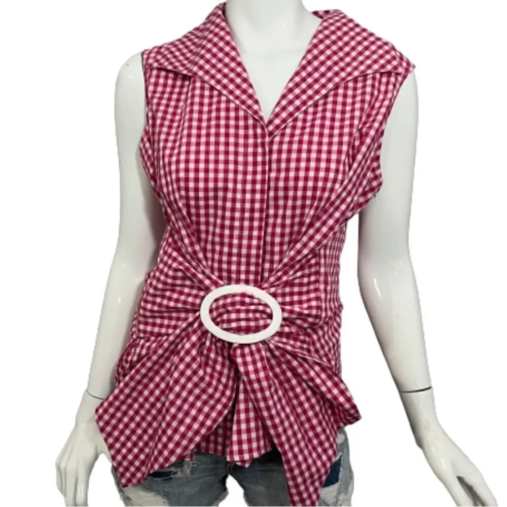 Vintage Y2K Debbie‎ Shuchat pink gingham tie front preppy blouse -- XL